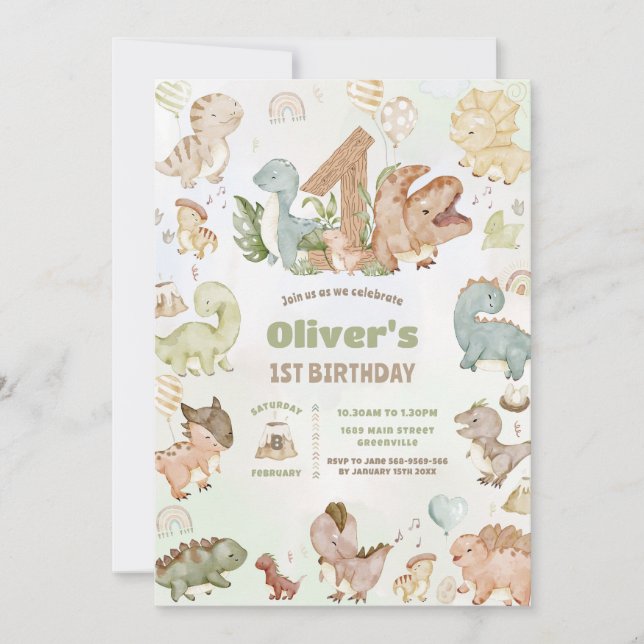 Cute Happy Dinosaurs 1st First Birthday Invitation (Front)