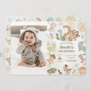 Cute Happy Dinosaurs 2nd Second Birthday Photo Invitation