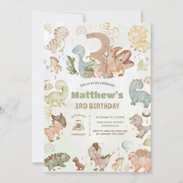 Cute Happy Dinosaurs 3rd Third Birthday Three Invitation (Front)