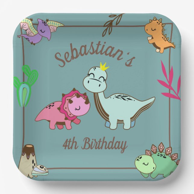 Cute Happy Dinosaurs Birthday Party Paper Plates (Front)