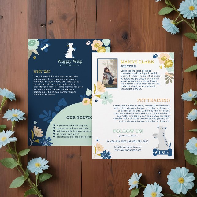 Cute Happy Dog Floral Botanical Navy Pet Services Flyer (Cute Happy Dog Floral Botanical Navy Pet Services Flyer)