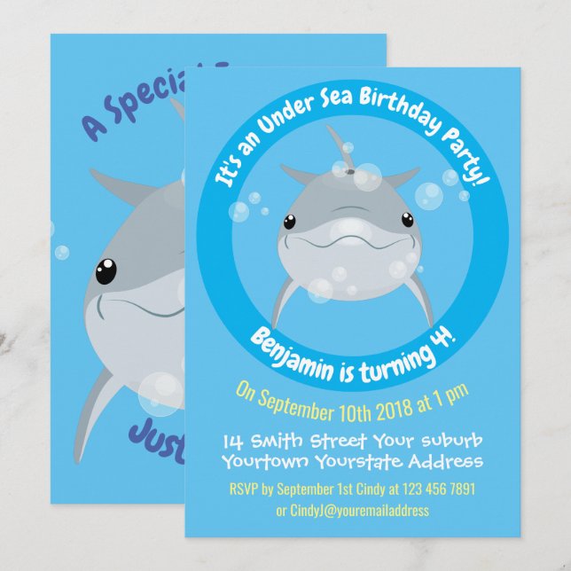Cute happy dolphin bubbles cartoon illustration invitation (Front/Back)