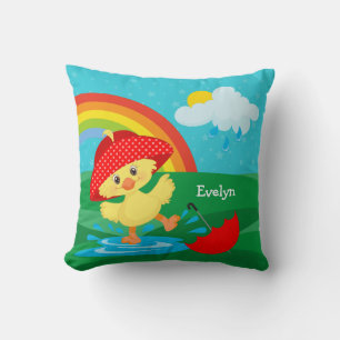 Cute Happy Duck in Rain with Rainbow Cushion