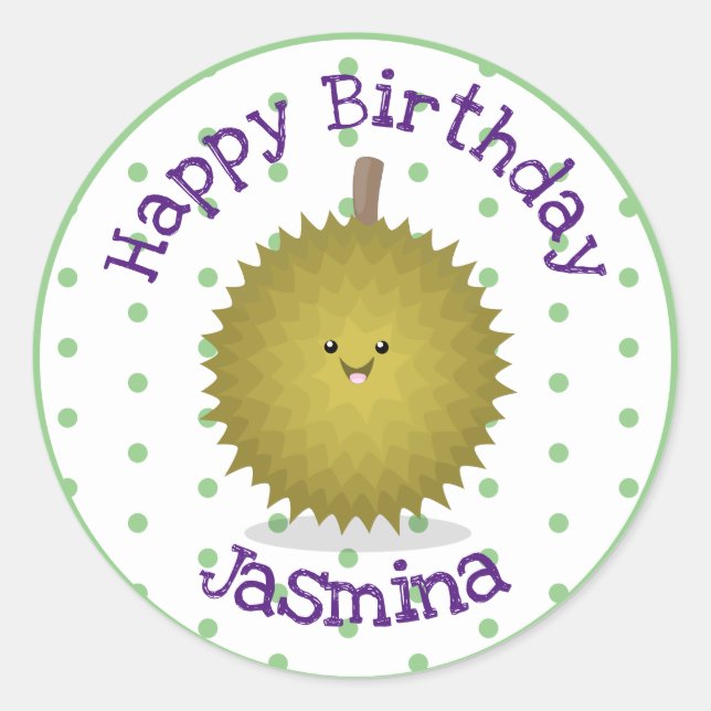 Cute happy durian cartoon illustration classic round sticker (Front)