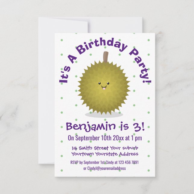 Cute happy durian cartoon illustration invitation (Front)
