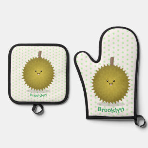 Cute happy durian cartoon illustration oven mitt & pot holder set