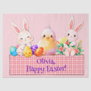Cute Happy Easter bunnies chick eggs flowers pink Tissue Paper