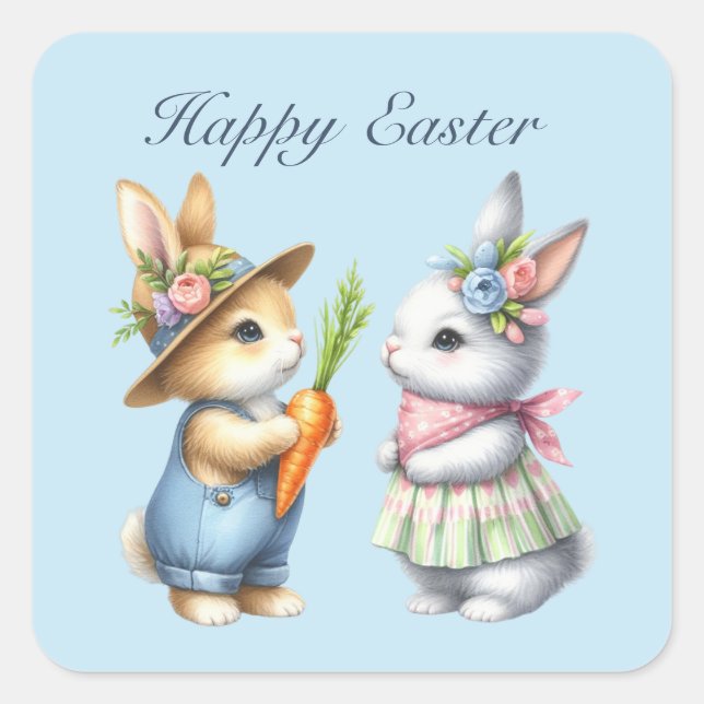 Cute Happy Easter bunnies watercolor Square Sticker (Front)