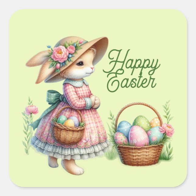 Cute happy Easter bunny add text  Square Sticker (Front)