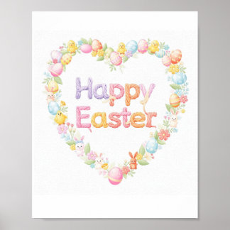 Cute Happy Easter Bunny & Chick Heart Poster