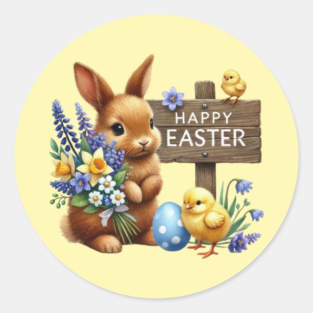 Cute Happy Easter bunny Classic Round Sticker (Front)