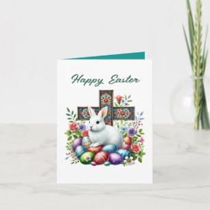 Cute Happy Easter bunny Cross add inside message Holiday Card