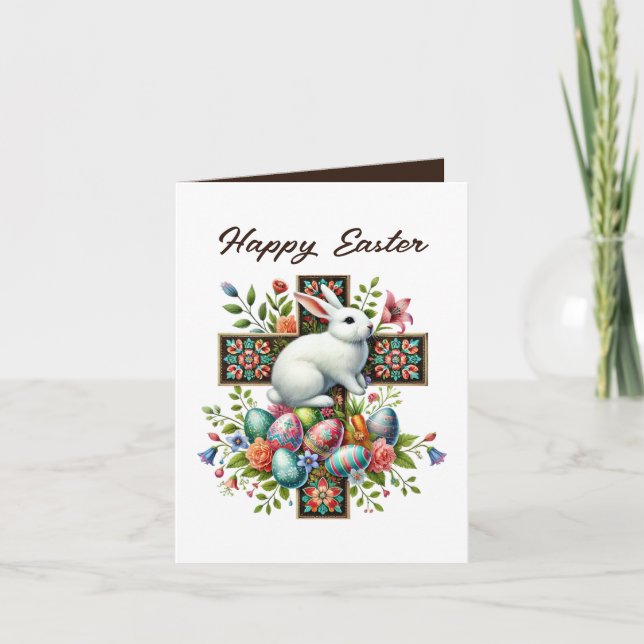 Cute Happy Easter bunny Cross add inside message  Holiday Card (Front)