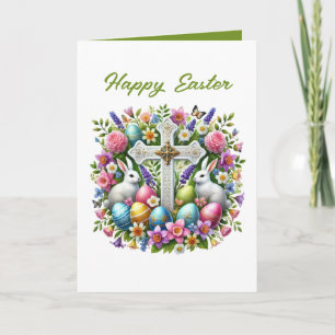 Cute Happy Easter bunny Cross add inside message Holiday Card