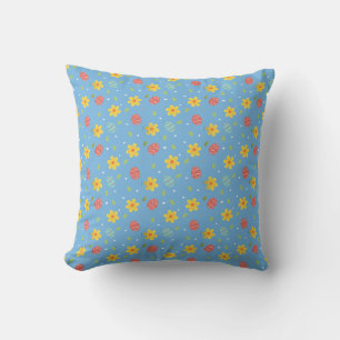 Cute Happy Easter Bunny Eggs Floral Blue Cushion