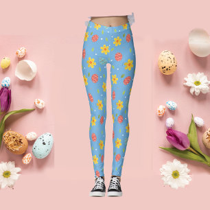 Cute Happy Easter Bunny Eggs Floral Blue Leggings