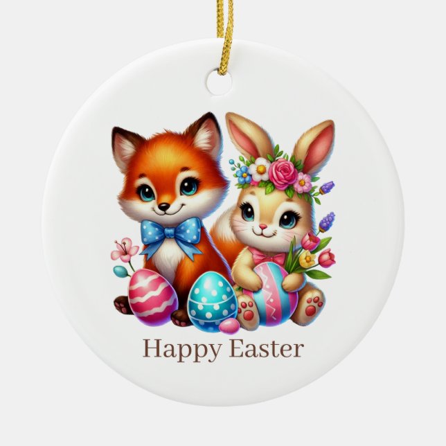 Cute Happy Easter bunny fox customizable Ceramic Tree Decoration (Front)