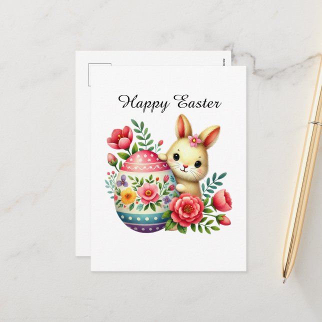 Cute Happy Easter bunny Holiday Postcard (Front/Back In Situ)