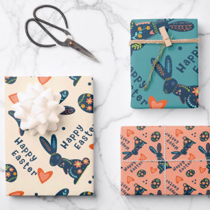 Cute Happy Easter Bunny Pattern Custom Folk  Wrapping Paper Sheet