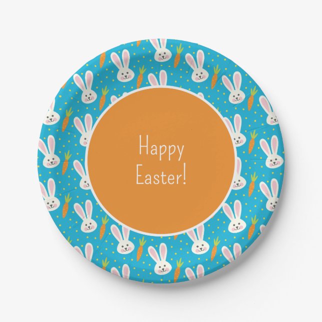 Cute Happy Easter Bunny Pattern with Text Party Paper Plate (Front)