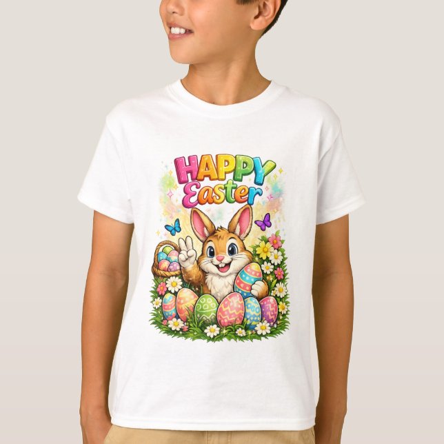 Cute Happy Easter Bunny Peace Sign Graphic T-Shirt (Front)