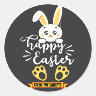 Cute Happy Easter Bunny with Yellow Paw Prints  Classic Round Sticker