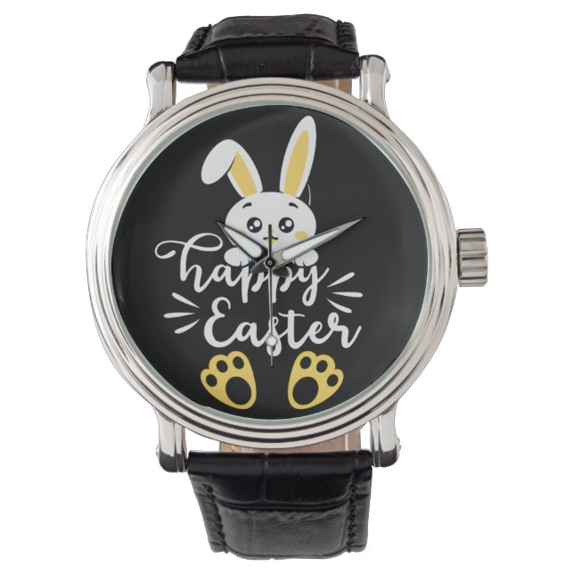 Cute Happy Easter Bunny with Yellow Paw Prints Watch (Front)