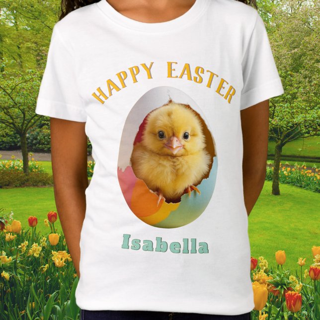 Cute Happy Easter Chick Colourful Egg Personalised T-Shirt (A personalized Easter t-shirt, with picture of a fluffy yellow chick hatching out of a colorful egg)