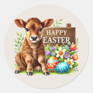Cute Happy Easter cow Classic Round Sticker