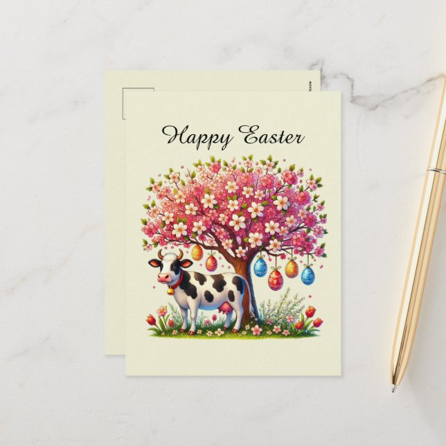 Cute Happy Easter cow farm animal  Holiday Postcard (Front/Back In Situ)