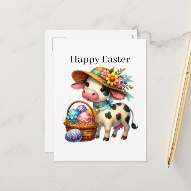 Cute happy Easter cow Holiday Postcard (Front/Back In Situ)