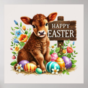 Cute Happy Easter cow party Poster