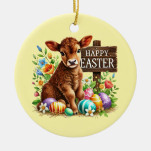 Cute Happy Easter customisable cow Ceramic Tree Decoration