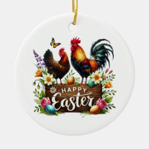 Cute Happy Easter customizable Rooster Ceramic Tree Decoration