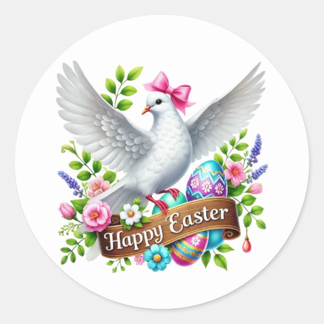 Cute Happy Easter dove Classic Round Sticker (Front)