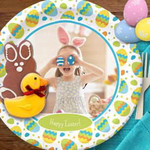 Cute Happy Easter Egg Pattern with Photo Party Paper Plate