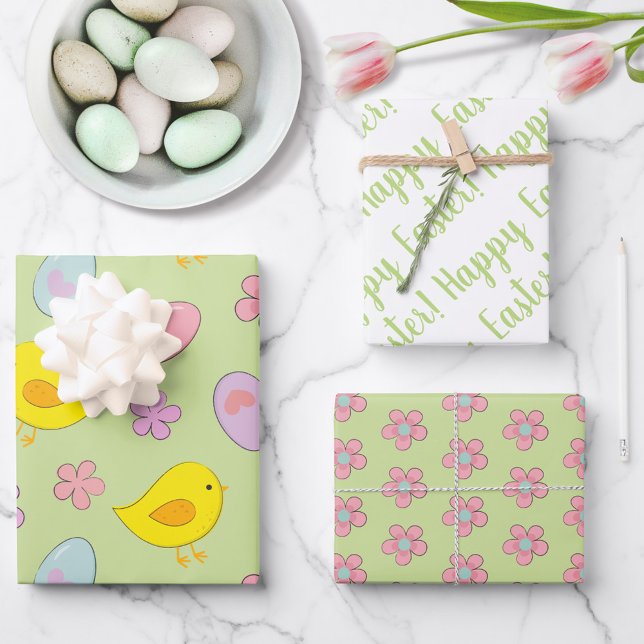 Cute Happy Easter Eggs Chicks Flowers Spring green Wrapping Paper Sheet (Creator Uploaded)