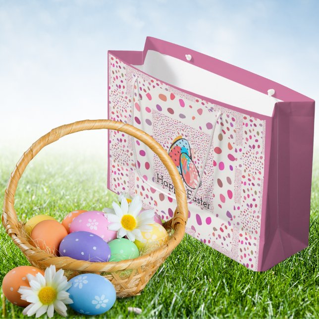 Cute Happy Easter Eggs Pink Speckles Modern Chic Large Gift Bag (Creator Uploaded)