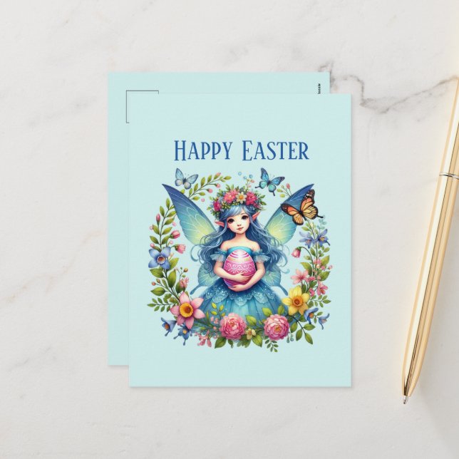 Cute Happy Easter Fairy add message  Holiday Postcard (Front/Back In Situ)