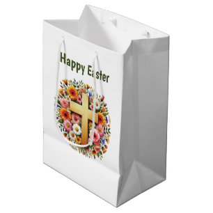 Cute Happy Easter floral Cross customizable Medium Gift Bag