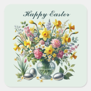 Cute Happy Easter flowers  Square Sticker