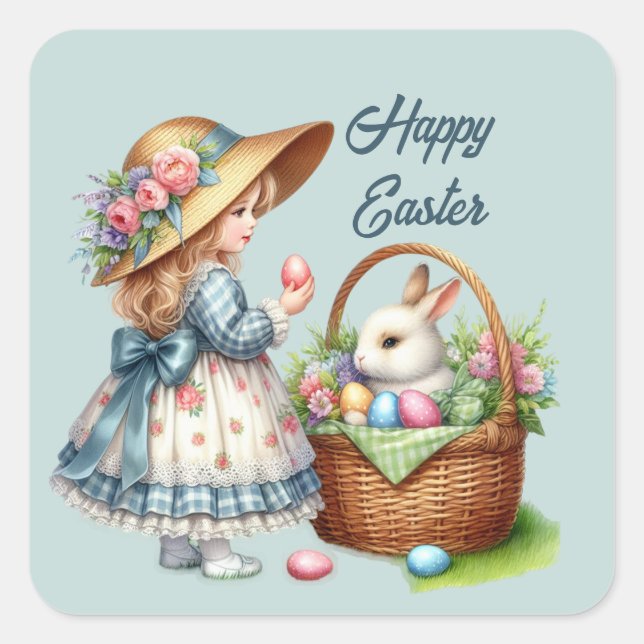 Cute happy Easter girl add text Square  Square Sticker (Front)