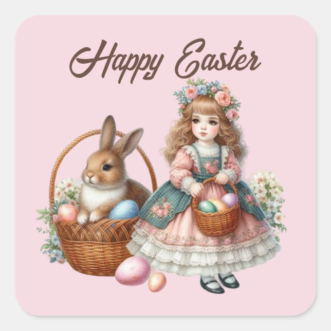 Cute happy Easter girl add text  Square Sticker (Front)
