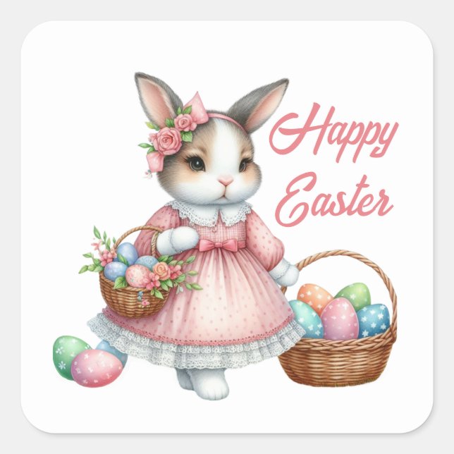 Cute happy Easter girl bunny add text  Square Sticker (Front)