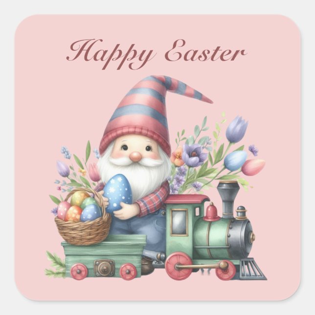 Cute Happy Easter gnome train add text  Square Sticker (Front)
