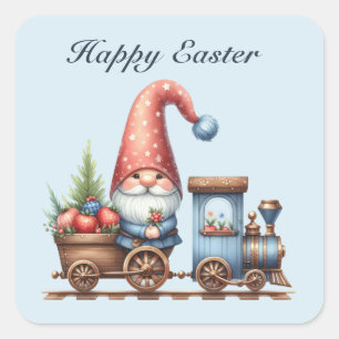 Cute Happy Easter gnome train add text  Square Sticker