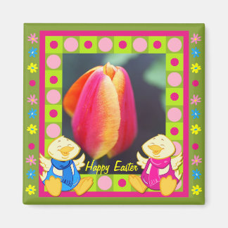 Cute Happy Easter magnet with chickens and tulip