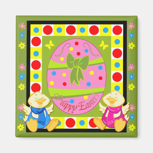 Cute Happy Easter magnet with egg and chickens (Front)
