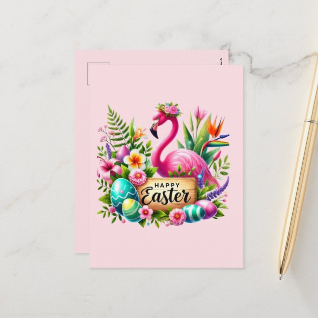 Cute Happy Easter pink flamingo add message  Holiday Postcard (Front/Back In Situ)