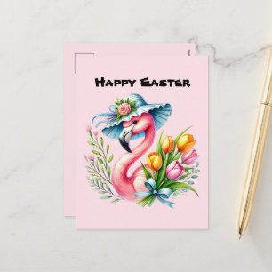 Cute Happy Easter pink flamingo add message  Holiday Postcard